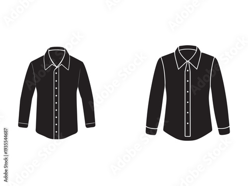 Two black long sleeve shirts with white outlines and buttons  isolated on white background