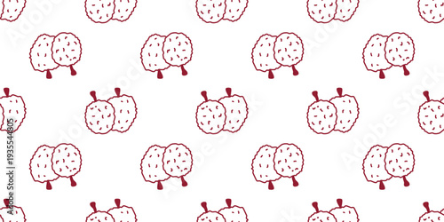 Hand drawn lychee seamless pattern. White background with fruit silhouette, doodle sketch style. Healthy organic food print. Continuous fill for packaging, paper, textiles, and design. Vector graphic