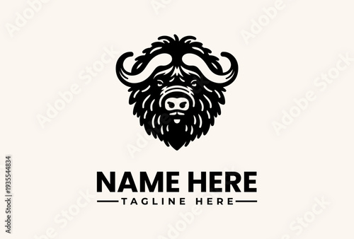 A black and white illustration of a bison's head with a skull, surrounded by stylized horns, on a cream background with space for a logo and tagline.