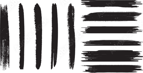 A versatile set of black ink or paint brush strokes, showcasing a variety of textures and styles on a crisp white background. This collection features both vertical and horizontal elements, ranging fr