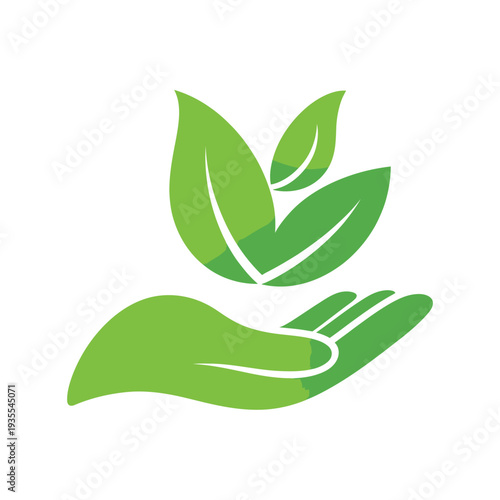 Hand holding green leaf eco nature icon symbol vector illustration for environment growth and organic design