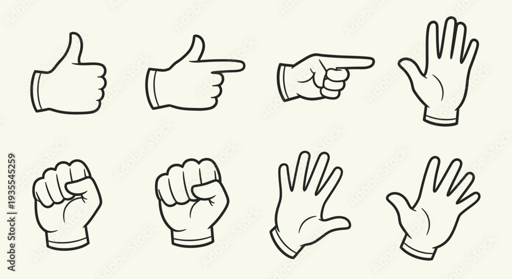 Fototapeta premium Collection of various hand gesture outline icons for communication and interaction in a bright studio background.