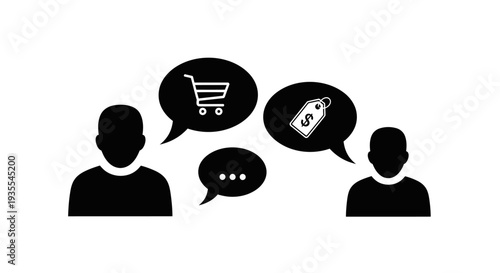 Two people silhouettes engaged in a conversation about online shopping and commerce with speech bubbles on an isolated white background.