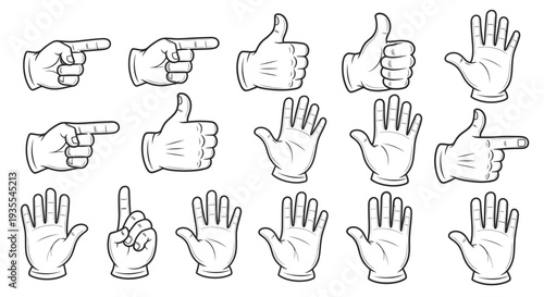 Extensive collection of diverse hand gestures, including pointing, thumbs up, and open palms, in a clean line art style on an isolated white background.