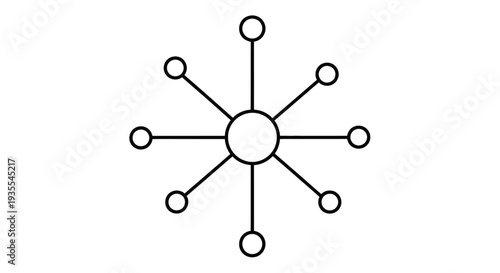 Network hub icon with central node connected to multiple points, symbolizing connection and distribution, on an isolated white background.