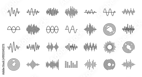 Diverse collection of abstract sound wave patterns and audio signal visualizations, including sine waves and concentric circles on an isolated white background.