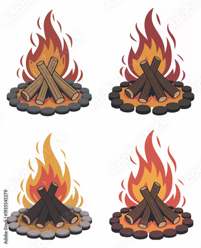 Campfire Bonfire Vector Set, Burning Logs Fire Pit Summer Camping Illustration