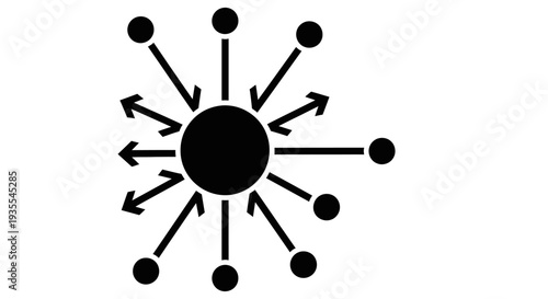 Central black node with multiple arrows pointing outwards in all directions, symbolizing spread, distribution, and expansion on an isolated white background.