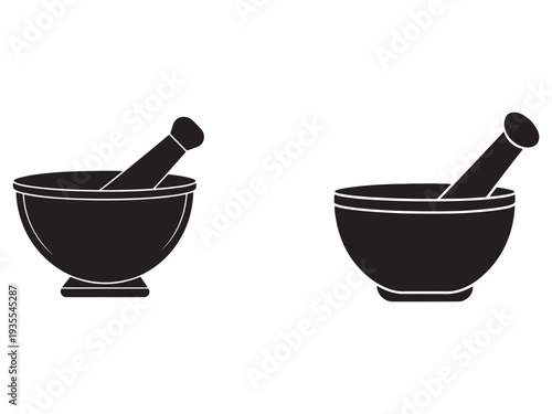Two black mortar and pestle icons for cooking and pharmacy use  kitchen tools for mixing and grinding