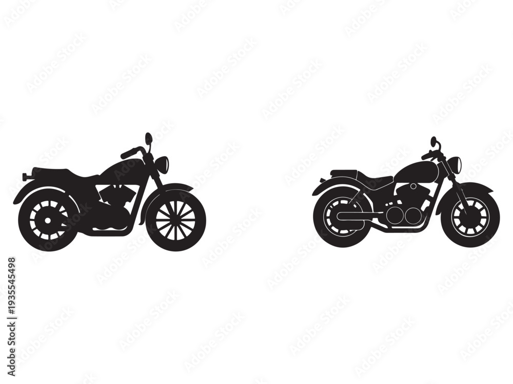 Obraz premium Two black motorcycle silhouettes side view with wheels and handlebars on white background motorbike icons