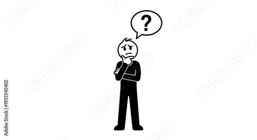 Thoughtful stick figure person standing with a question mark in a speech bubble, contemplating a problem on an isolated white background.