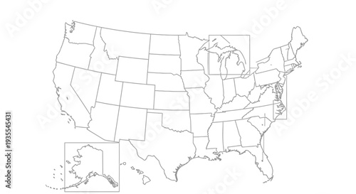 Outline Map of the United States of America with Clearly Defined State Borders, isolated white background.