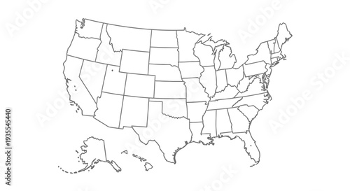 Outline Map of the United States of America Showing All State Borders, isolated white background.