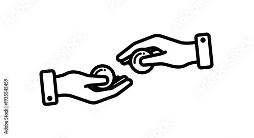Human Hands Giving and Receiving a Coin, Symbolizing Charity or Financial Transaction, isolated white background.