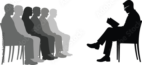 Job interview silhouette concept illustration, recruiter reading resume facing candidates seated in row professional hiring process scene