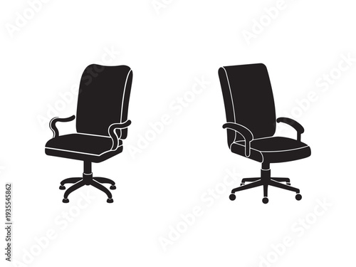 Two black office chairs with wheels and armrests on white background  modern swivel chairs with cushioned seats and backrests