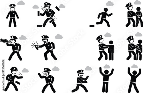 Police officer arrest icons set, law enforcement action silhouettes, crime control pictogram collection isolated vector illustration
