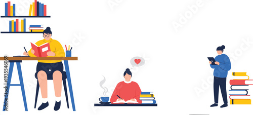 Students reading books and studying vector illustration, modern education learning concept, home study workspace flat design