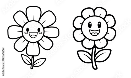 Cute smiling flowers coloring page for kids with happy faces and petals