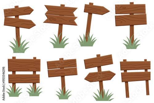 Cartoon Wood Sign Vector Set, Rustic Blank Direction Board Game UI Assets