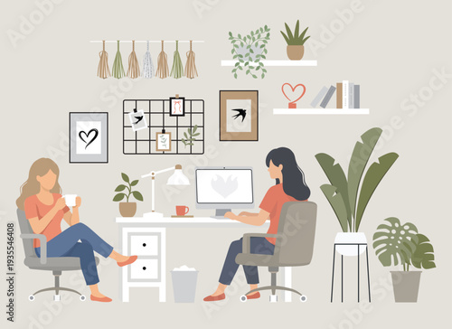 Female entrepreneur working from home in cozy home office. Modern flat vector illustration with plants, desk, computer and minimalist decor. Remote work, freelance lifestyle concept