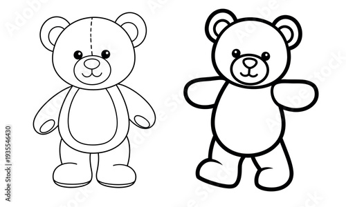 Cute teddy bear coloring page for kids with outline and filled in example