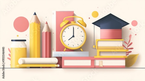 Back to school supplies, books, alarm clock, graduation cap, pencils