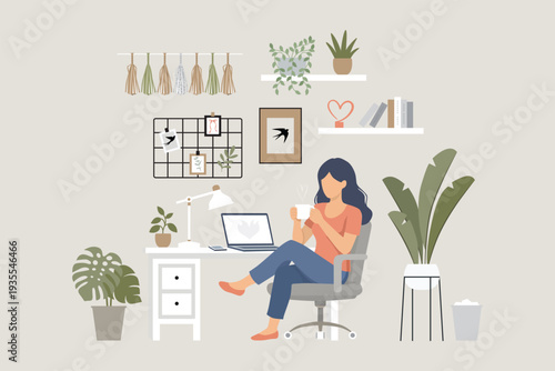 Female entrepreneur working from home in cozy home office. Modern flat vector illustration with plants, desk, computer and minimalist decor. Remote work, freelance lifestyle concept