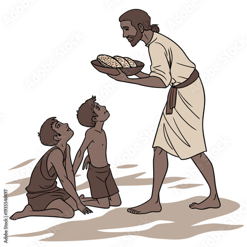 Man offering bread to two children bowl ancient