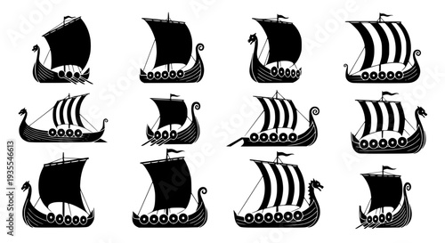 Nine Viking Longship Silhouettes in Symmetrical Grid – Black Vector Set EPS 10