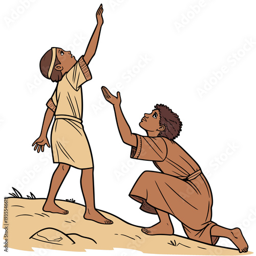 Two brown skinned boys in ancient desert clothing reaching up