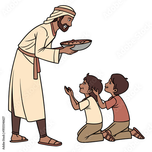Man offering food to two kneeling boys bowl