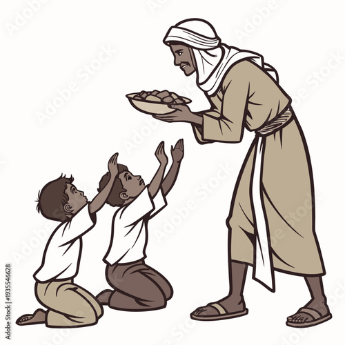 Desert nomad feeding two young boys dates from a bowl