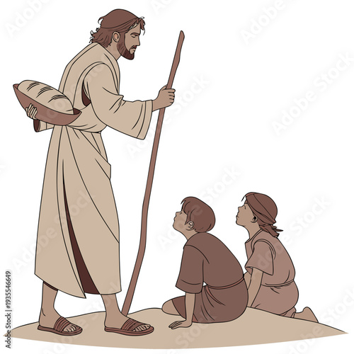 Biblical shepherd standing with children in desert