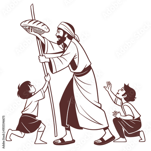 Bearded man in robe feeding two boys with bread on a stick