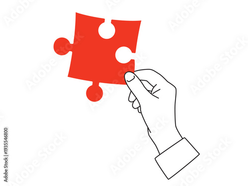 A hand holds a piece of a puzzle - outline illustration with red accent. Vector illustration isolated on a white background