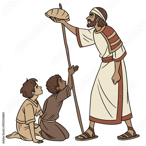 Ancient desert father offering bread to kneeling child