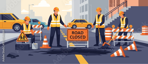 Illustration of road workers blocking a city street with a road closed sign and traffic cones.