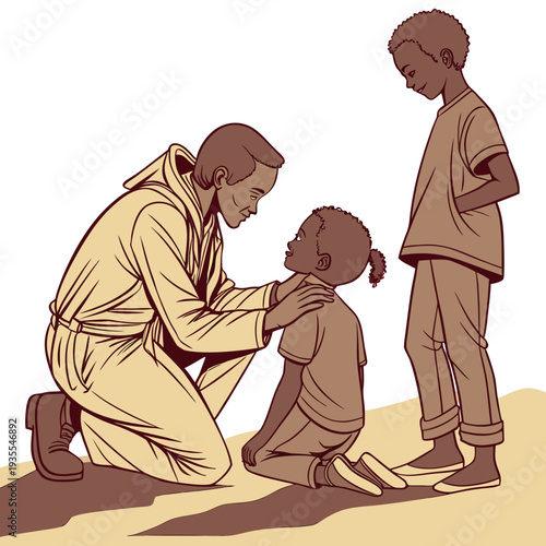 Man comforting two children kneeling and standing beside him