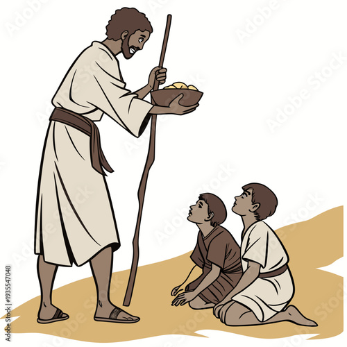Man offering bread to two kneeling boys 2