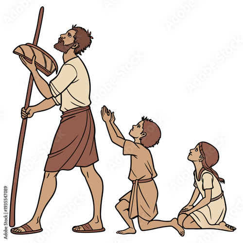 Biblical family praying together outdoors prayer ancient