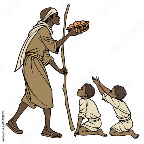 Desert scene with man offering food to two kneeling children