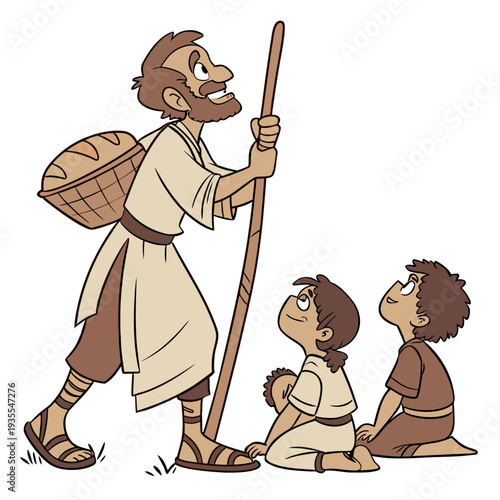 Ancient nomadic man with children walking staff basket