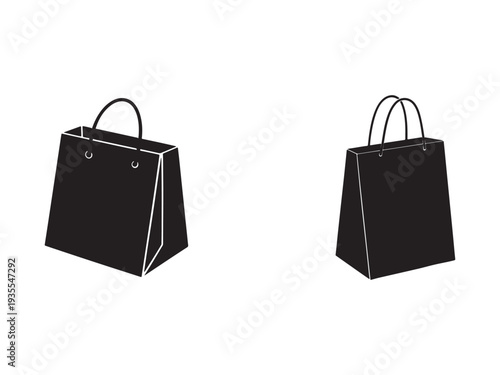 Two black shopping bags with white lines and handles on white background  retail and consumerism concept