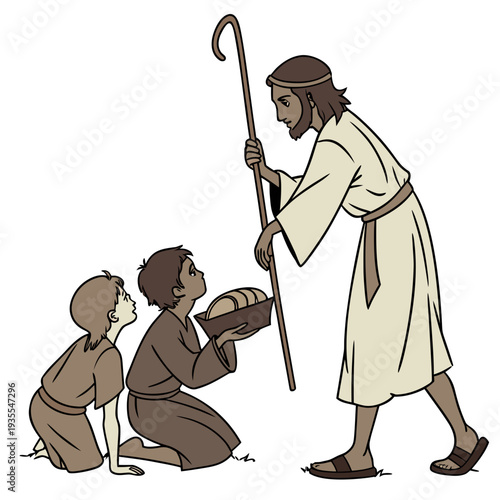 Biblical era shepherd offering bread to kneeling children