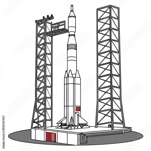 Rocket on launchpad with service towers space launch site