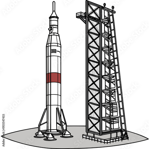 Rocket on launchpad with service tower spacecraft launch site 6