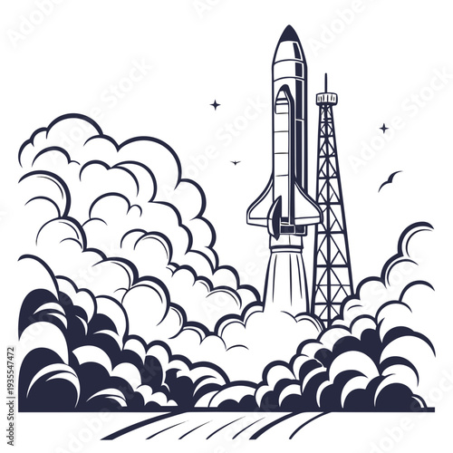 Navy blue rocket launch from tower with clouds and birds