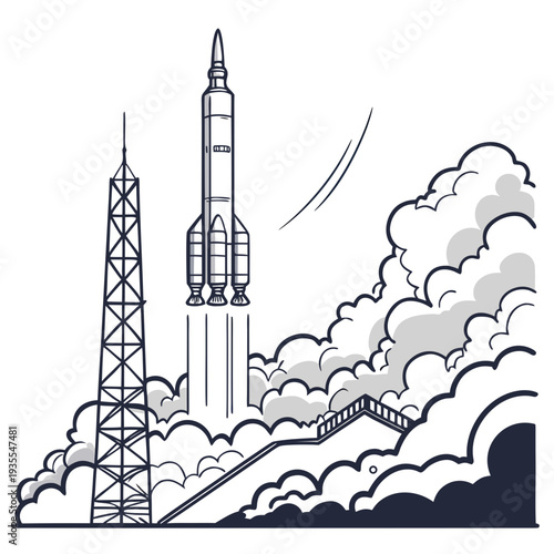 Rocket launch from tower with smoke and clouds space