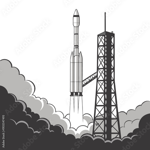 Grayscale of rocket launching from tower monochrome